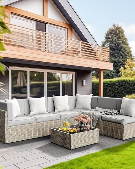 Pamapic Outdoor Sectional Furniture for 6,Wicker Patio Furniture,All-Weather Gray PE Rattan Sectional Sofa, Conversation Set with Washable Cushions Covers and Coffee Table for Garden Poolside - LeafyLoom