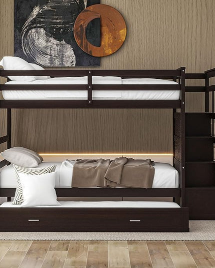 Twin Over Twin Bunk Bed with Stairs, 4 Storage Drawers and Trundle, Wooden Bunkbeds with Staircase and Full-Length Guardrails, for Kids/Teens/Adults, Espresso - LeafyLoom