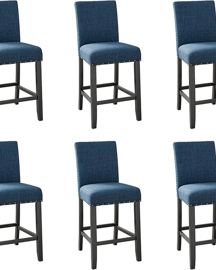 New Classic Furniture Crispin Counter Dining Chair (Set of Six), 100% Polyester Marine Blue Fabric with Espresso Legs - LeafyLoom
