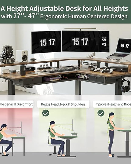 FEZIBO 63" L Shaped Standing Desk with LED Strip, Electric Triple Motor Sit Stand up Corner Desk Height Adjustable with Monitor Stand & Shelves, 2 Drawers, Ergonomic Home Office Desk, Rustic Brown - LeafyLoom