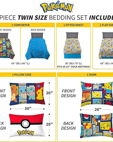 Franco Kids Bedding Super Soft Comforter and Sheet Set with Sham, 5 Piece Twin Size, Pokemon - LeafyLoom