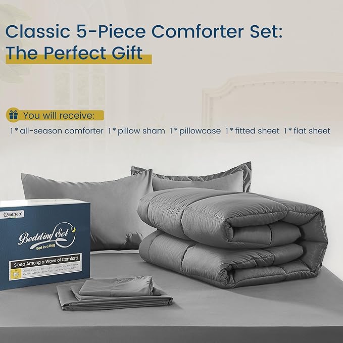 Twin XL Bed in a Bag 5 Piece Comforter Set, Dark Grey Texture Bedding, 68"x90" Comforter, Flat Sheet, Fitted Sheet, Pillow Sham, Pillowcase - LeafyLoom