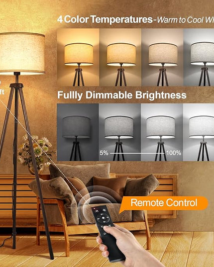 OUTON Wood Tripod Floor Lamp, Mid Century LED Dimmable Floor Lamp with Remote Control, 4 Color Temperature, Sturdy Tall Standing Lamp with Beige Linen Texture Shade for Living Room, Bedroom, Office - LeafyLoom