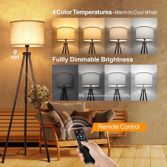OUTON Wood Tripod Floor Lamp, Mid Century LED Dimmable Floor Lamp with Remote Control, 4 Color Temperature, Sturdy Tall Standing Lamp with Beige Linen Texture Shade for Living Room, Bedroom, Office - LeafyLoom
