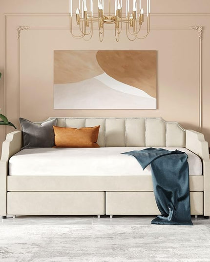 Twin Size Velvet Upholstered Daybed with Drawers, Solid Wood Sofa Bed w/Vertical Stripes Designed Backrest and Pine Legs, for Living Room, Bedroom, Dorm, No Box Spring Needed, Beige - LeafyLoom