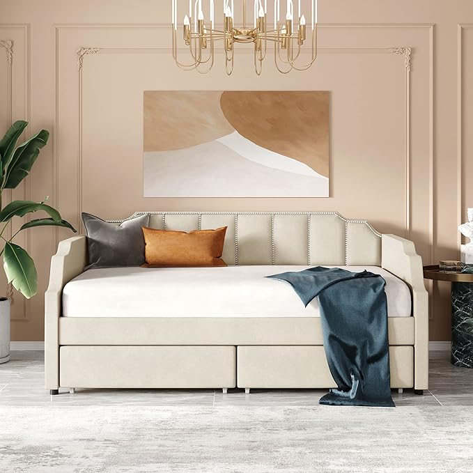Twin Size Velvet Upholstered Daybed with Drawers, Solid Wood Sofa Bed w/Vertical Stripes Designed Backrest and Pine Legs, for Living Room, Bedroom, Dorm, No Box Spring Needed, Beige - LeafyLoom
