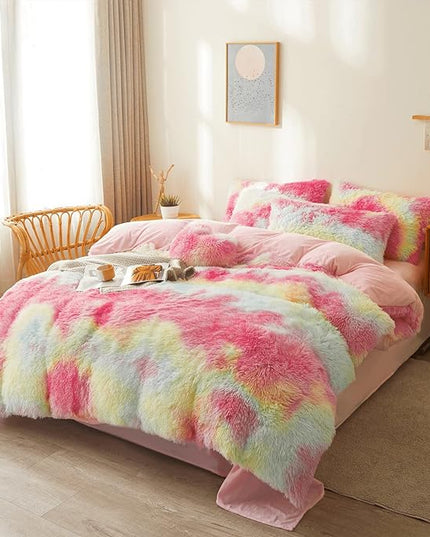 FOPPA Rainbow Plush Comforter Cover Set, 3 Pieces (Queen, Tie-Dye), Ultra Soft Faux Fur Bedding - LeafyLoom