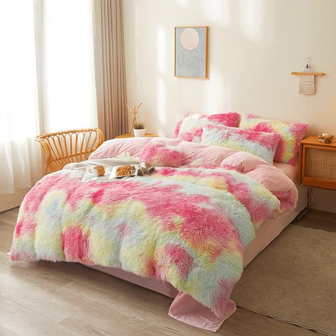 FOPPA Rainbow Plush Comforter Cover Set, 3 Pieces (Queen, Tie-Dye), Ultra Soft Faux Fur Bedding - LeafyLoom