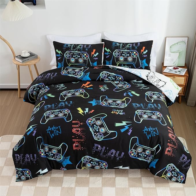 Meeting Story Gamer Gaming Bedding Sets Fluorescence Gamepad Comforter Set for Boys Games Console Action Buttons Novelty Colorful Modern Room Decor Home Quilt Set (Black, Full) - LeafyLoom