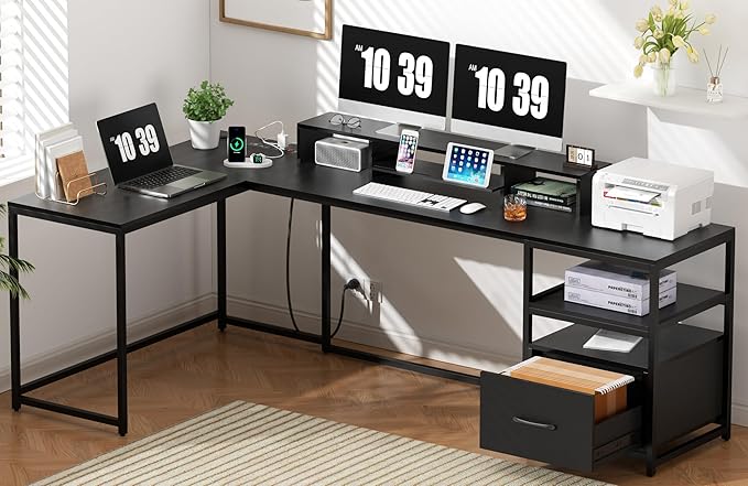 L Shaped Desk - 87" L Shaped Gaming Desk with Power Outlet & Monitor Shelf, Home Office Corner Computer Desk with Printer Shelf & File Drawer, Black - LeafyLoom