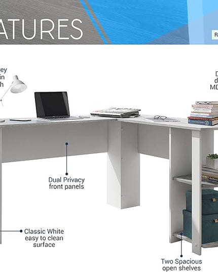 Techni Mobili L Shaped Desk - Modern Computer Desk with Corner Bookshelf & Side Storage Shelves for Home Office Accessories - Elegant, Space-Saving, & Minimalist Executive Table - LeafyLoom