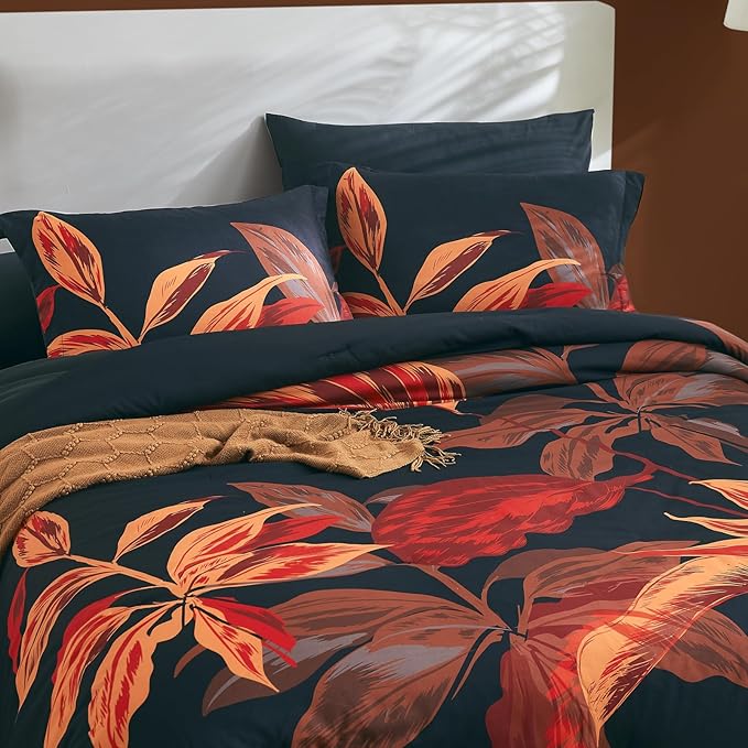 WRENSONGE Twin Comforter Set, 5 Pieces Black Red Floral Comforter Set with Sheets, Red Leaf Bedding Set, Twin Bed in a Bag, Soft Breathable Microfiber for All Seasons - LeafyLoom