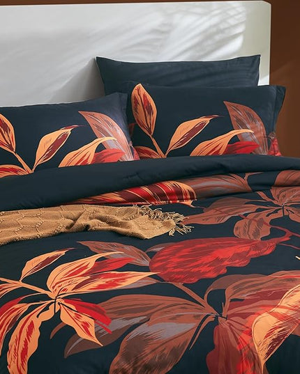WRENSONGE King Size Comforter Set, 7 Pieces Black Red Floral Comforter Set with Sheets for King Size Bed, Red Leaf Pattern King Bedding Set, Soft Breathable Bed in a Bag King for All Seasons - LeafyLoom