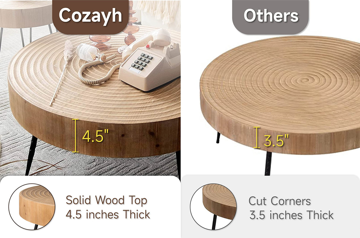 2-Piece Modern Farmhouse Living Room Coffee Table Set, Nesting Table Round Natural Finish with Handcrafted Wood Ring Motif, Wood Colour LeafyLoom
