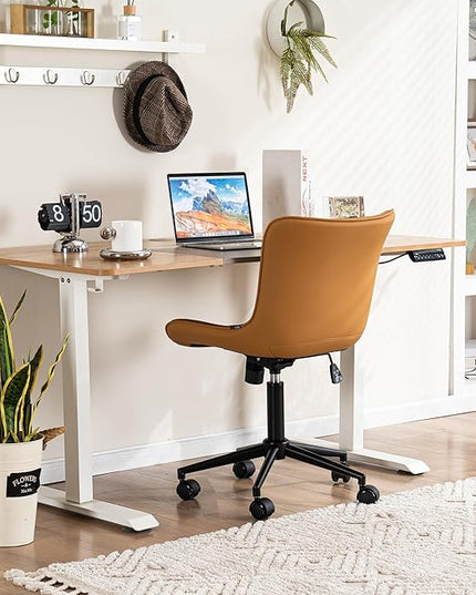 YOUNIKE Armless Office Chair with Wheels Swivel Desk Chair Upholstered Leather Computer Task Chair Height Adjustable Modern Rolling Chair with Backrest Tan - LeafyLoom