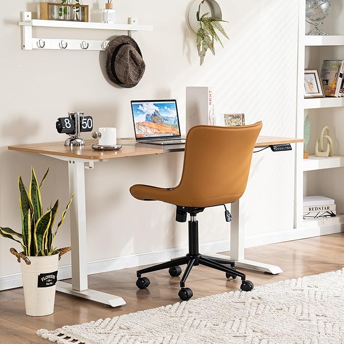 YOUNIKE Armless Office Chair with Wheels Swivel Desk Chair Upholstered Leather Computer Task Chair Height Adjustable Modern Rolling Chair with Backrest Tan - LeafyLoom