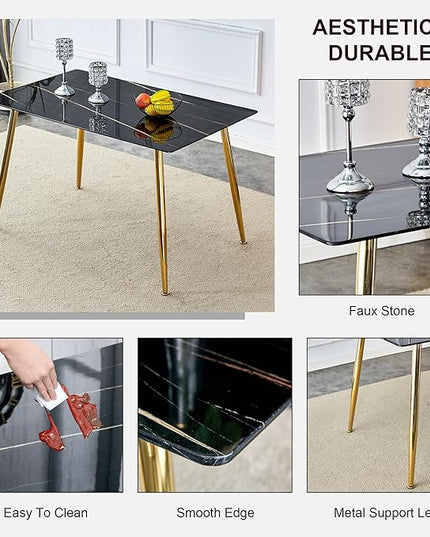 NicBex Modern Minimalist Rectangular Black Imitation Marble Dining Table 0.3 Inches Thick Gold Color Metal Legs Suitable for Kitchen, Dining Room, and Living Room, Black - LeafyLoom