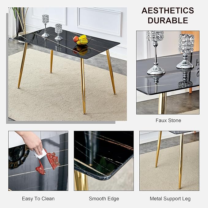 NicBex Modern Minimalist Rectangular Black Imitation Marble Dining Table 0.3 Inches Thick Gold Color Metal Legs Suitable for Kitchen, Dining Room, and Living Room, Black - LeafyLoom