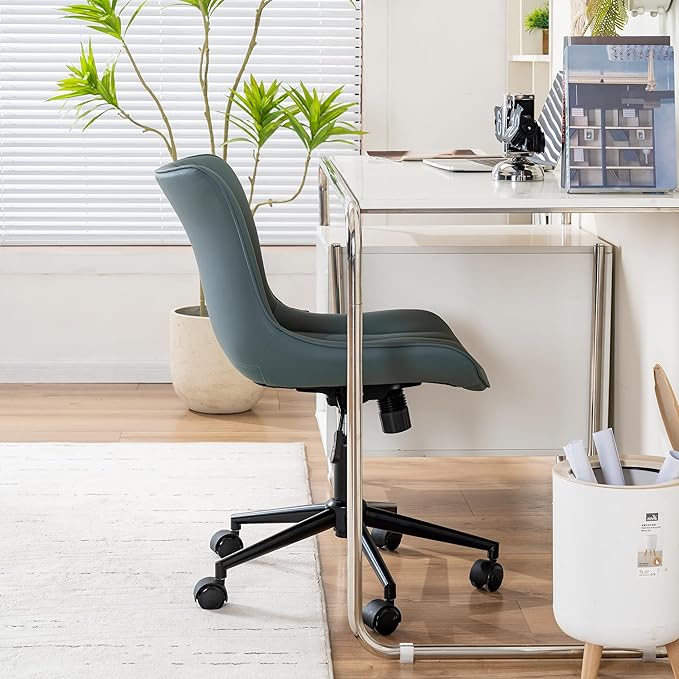 YOUNIKE Office Chair Armless Desk Chair with Wheels, Home Office Computer Task Chair, Modern Faux Leather Upholstered Vanity Chair, Adjustable Swivel Rolling Office Chairs, Greyishgreen - LeafyLoom