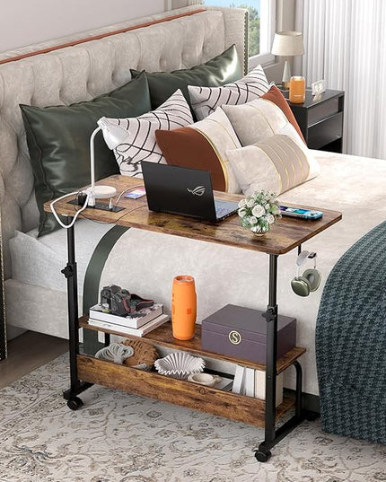 32" Height Adjustable Standing Desk with Power Outlets - Manual Rolling Stand Up Desk with Wheels Small Portable Computer Desk Mobile Laptop Table with Storage Shelves for Home Office, Rustic - LeafyLoom