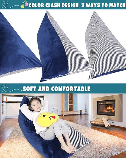 Stuffed Animal Storage Bean Bag Chair Cover, Velvet Canvas Blue Denim Plush Toy Storage Stuff and Sit Seat for Kids/Teens/Adults, 52" x 31" Extra Large Triangle Sofa, 200L/52Gal, Cover Only - LeafyLoom