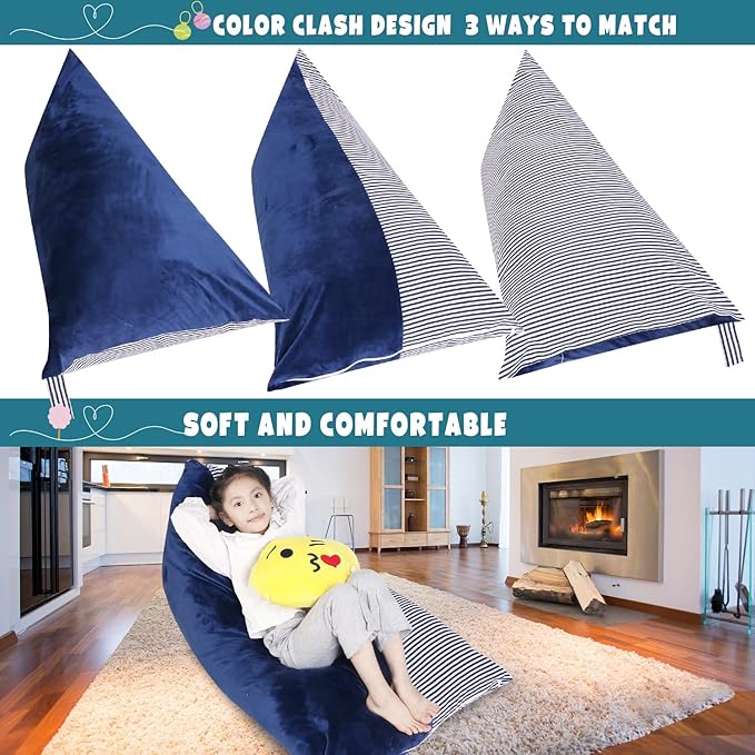 Stuffed Animal Storage Bean Bag Chair Cover, Velvet Canvas Blue Denim Plush Toy Storage Stuff and Sit Seat for Kids/Teens/Adults, 52" x 31" Extra Large Triangle Sofa, 200L/52Gal, Cover Only - LeafyLoom