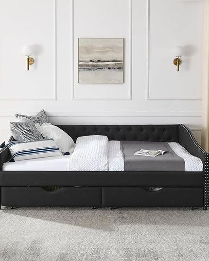 Queen Size Mid-Century Daybed, 2 Storage Drawers,Linen Button Upholstered Tufted Bed, Copper Nail on Waved Shape Arms, No Box Spring Needed,for Bedroom, Livingroom, Black - LeafyLoom