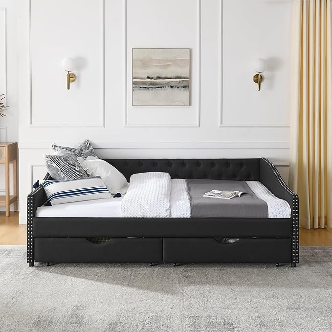 Queen Size Mid-Century Daybed, 2 Storage Drawers,Linen Button Upholstered Tufted Bed, Copper Nail on Waved Shape Arms, No Box Spring Needed,for Bedroom, Livingroom, Black - LeafyLoom