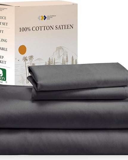 California Design Den Soft 100% Cotton Sheets King Size Bed Sheets Set with Deep Pockets, 4 Piece Grey Sheets with Sateen Weave, Cooling Sheets (Grey) - LeafyLoom