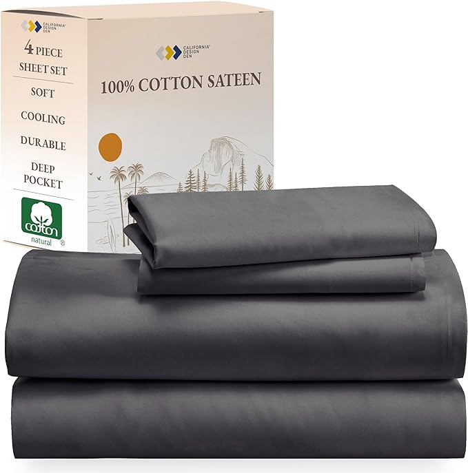 California Design Den Soft 100% Cotton Sheets King Size Bed Sheets Set with Deep Pockets, 4 Piece Grey Sheets with Sateen Weave, Cooling Sheets (Grey) - LeafyLoom