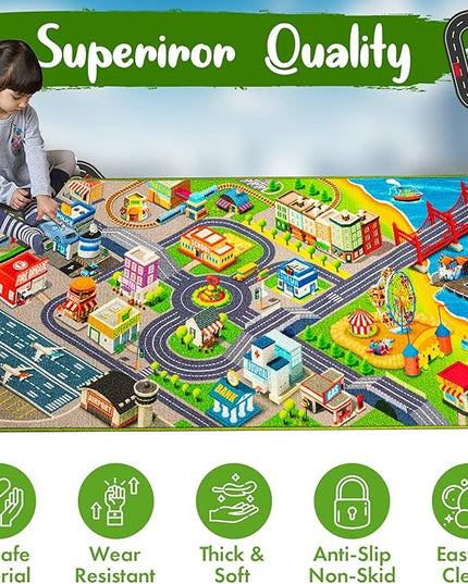 Kids Carpet Playmat City Life 3D Playroom Rug | 30 x 60 Inch Extra Large Toddler Activity Mat for Race Cars & Toys | Playroom Rug Makes a Fun Educational Gift Idea for Boys & Girls - LeafyLoom