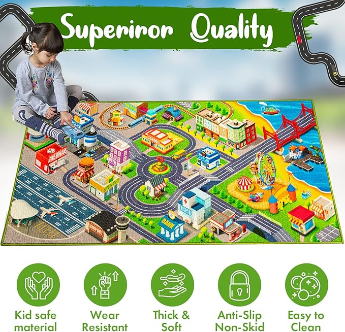 Kids Carpet Playmat City Life 3D Playroom Rug | 30 x 60 Inch Extra Large Toddler Activity Mat for Race Cars & Toys | Playroom Rug Makes a Fun Educational Gift Idea for Boys & Girls - LeafyLoom