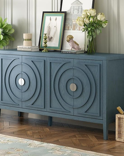Retro Sideboard with Circular Groove Design Round Metal Door Handle,Wooden Buffet Cabinet,W/Adjustable Shelves & Open Countertop,for Entrance Living Dinning Room,Antique Blue, 60" - LeafyLoom