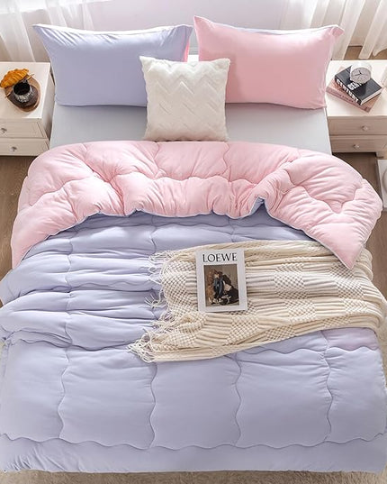 COTTEBED Reversible Ultra-Soft Warm King Size Comforter Set, California Cal King Down Comforter Cozy Fully Breathable Bedding 1 Down Alternative Quilt and 2 Pillowsham Winter Pink and Purple - LeafyLoom