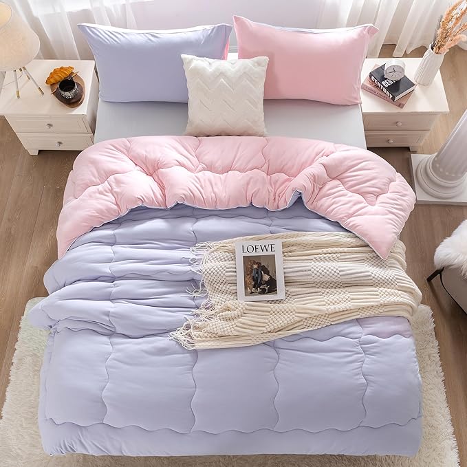 COTTEBED Reversible Ultra-Soft Warm King Size Comforter Set, California Cal King Down Comforter Cozy Fully Breathable Bedding 1 Down Alternative Quilt and 2 Pillowsham Winter Pink and Purple - LeafyLoom