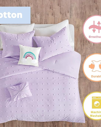 Callie Cotton Jacquard Weave Colorful Pom Pom Kids Comforter sets, Down Alternative Shabby Chic All Season Girls Bedding, Bedroom Decor, Twin/Twin XL, Lavender 4 Piece - LeafyLoom