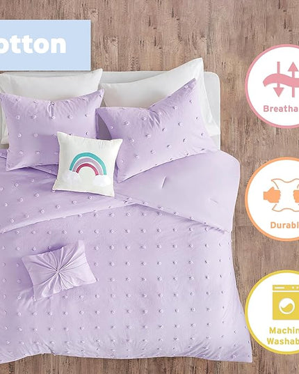 Callie Cotton Jacquard Weave Colorful Pom Pom Kids Comforter sets, Down Alternative Shabby Chic All Season Girls Bedding, Bedroom Decor, Full/Queen, Lavender 5 Piece - LeafyLoom