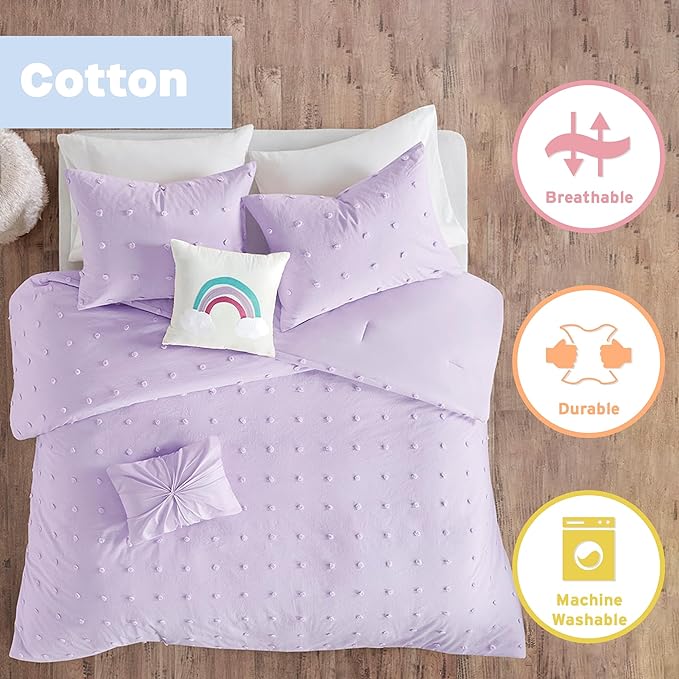Callie Cotton Jacquard Weave Colorful Pom Pom Kids Comforter sets, Down Alternative Shabby Chic All Season Girls Bedding, Bedroom Decor, Full/Queen, Lavender 5 Piece - LeafyLoom