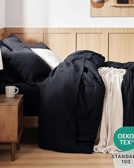 Bedsure Black Twin Comforter Set - 5 Pieces Solid Twin Bed in a Bag, Twin Bed Set Black with Quilted Warm Fluffy Comforters, Sheets, Pillowcase & Sham - LeafyLoom