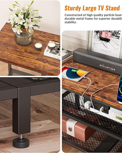 Furologee TV Stand with Power Outlets for 65 70 inch TV, Entertainment Center with Open Storage Shelves, Long 63'' TV Media Console Table with Soundbar Shelf for Living Room, Bedroom, Rustic Brown - LeafyLoom