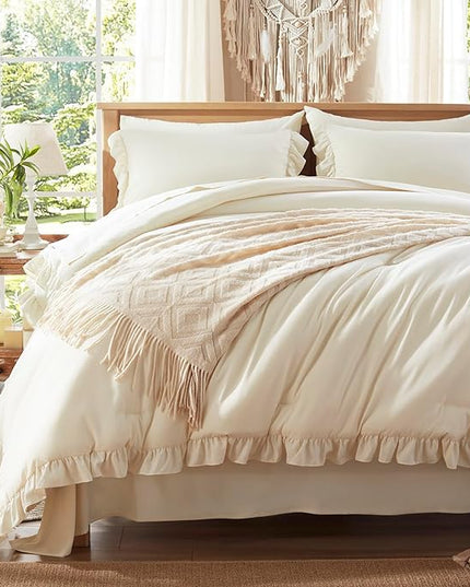 Anluoer King Comforter Set 7 Piece, Beige Bed in a Bag with Sheets, All Season Ruffle Shabby Chic Bedding Sets with 1 Comforter, 2 Pillow Shams, 2 Pillowcases, 1 Flat Sheet, 1 Fitted Sheet - LeafyLoom