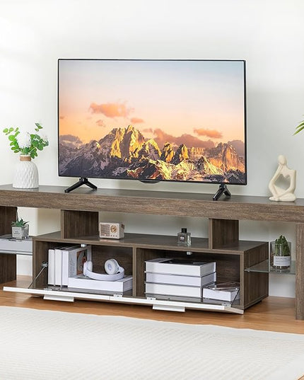 Clikuutory Modern LED TV Stand with Large Storage Drawer for up to 75 Inch TVs, Brown and White Doors, Wood Farmhouse TV Console with Glossy Entertainment Center for Living Room, Bedroom - LeafyLoom