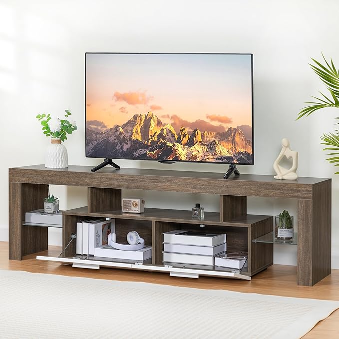 Clikuutory Modern LED TV Stand with Large Storage Drawer for up to 75 Inch TVs, Brown and White Doors, Wood Farmhouse TV Console with Glossy Entertainment Center for Living Room, Bedroom - LeafyLoom
