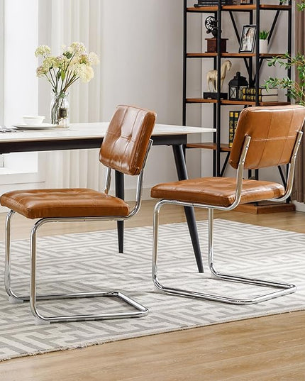 Forevich Mid Century Modern Dining Chairs Set of 2, Leather Kitchen Dining Room Side Chairs Upholstered Armless Accent Chairs with Metal Chrome Legs for Living Room, Bedroom Brown - LeafyLoom