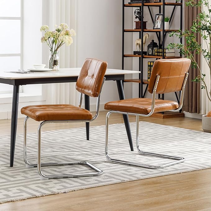 Forevich Mid Century Modern Dining Chairs Set of 2, Leather Kitchen Dining Room Side Chairs Upholstered Armless Accent Chairs with Metal Chrome Legs for Living Room, Bedroom Brown - LeafyLoom
