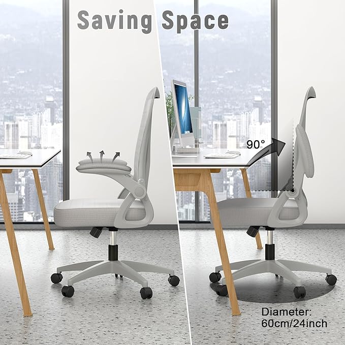 naspaluro Ergonomic Office Chair, Mid Back Desk Chair with Adjustable Height, Swivel Chair with Flip-Up Arms and Lumbar Support, Breathable Mesh Computer Chair for Home/Study/Working, Grey - LeafyLoom