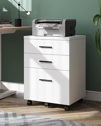 DEVAISE 3 Drawer File Cabinet for Home Office, Wood Under Desk Filing Cabinet, Rolling Printer Stand with Wheels, White - LeafyLoom