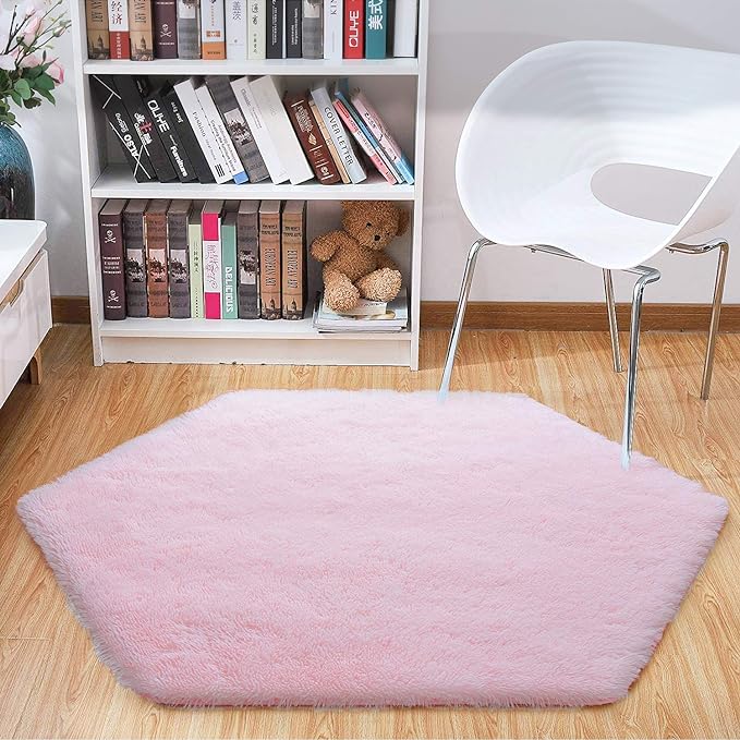 junovo Ultra Soft Rug for Nursery Children Room Baby Room Home Decor Dormitory Hexagon Carpet for Playhouse Princess Tent Kids Play Castle, Diameter 4.6 ft, Pink - LeafyLoom