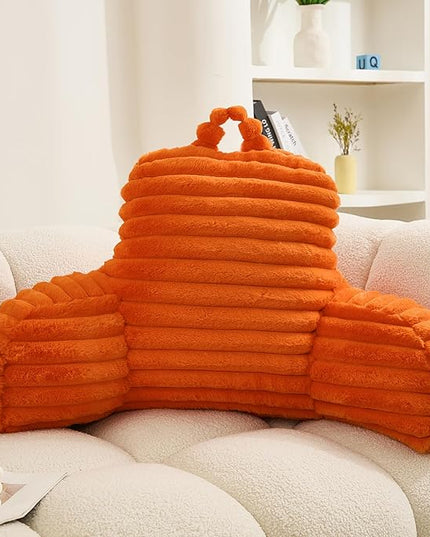 WERDIM Reading Pillow for Sitting in Bed, Faux Fur Back Pillow for Bed Rest, Bed Chair Pillow with Arms and Pockets(Standard, Orange) - LeafyLoom