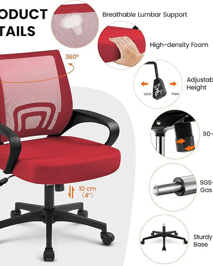 Yaheetech Office Chair Desk Chair Mid Back Mesh Task Chair Computer Chair Ergonomic Rolling Swivel Chair Adjustable Executive Chair with Lumbar Support Armrests, Red - LeafyLoom